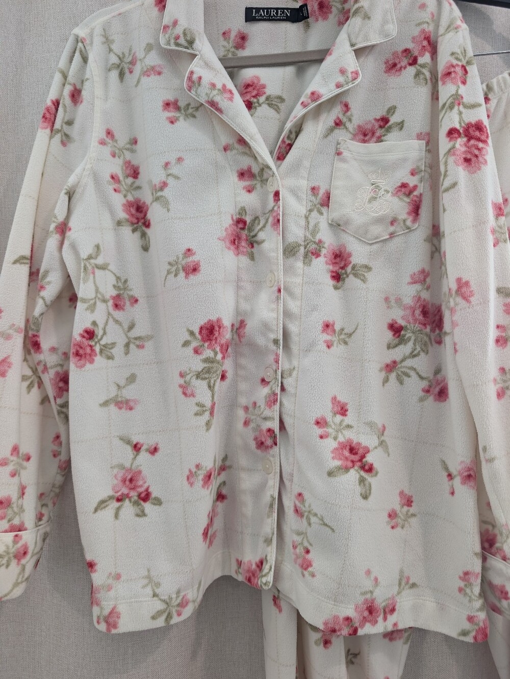 Lauren Ralph Lauren Floral Fleece Pajama Set L Ivory Pink Roses Cozy Cottagecore